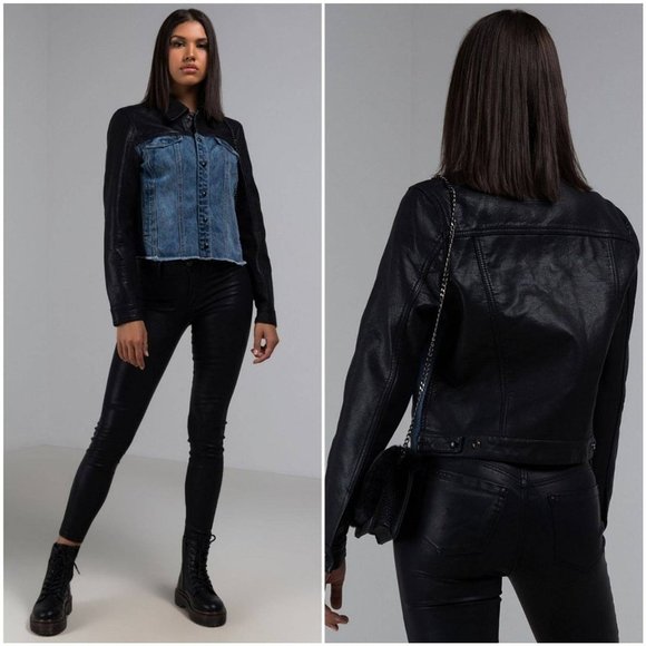 Blank NYC Arachnophobia Vegan Leather & Denim Combo Jacket new w tags - Picture 1 of 7